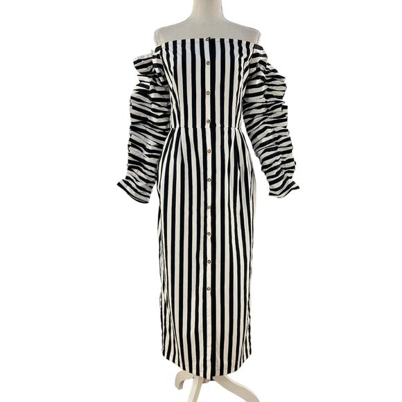 Anna October Off the Shoulder Stripe Dress Black White Midi Ruffle Sleeves - Picture 1 of 16
